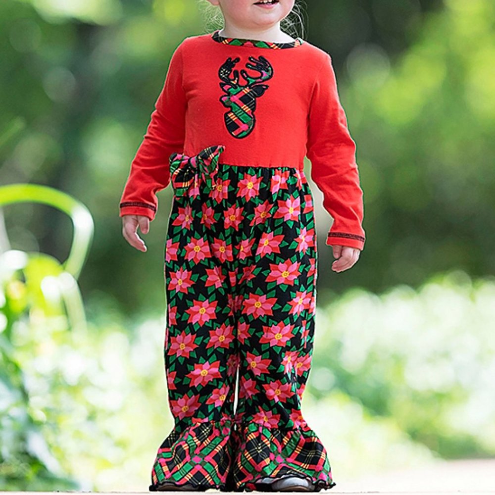 Ann Loren Poinsettia Reindeer Girls Ruffle Romper